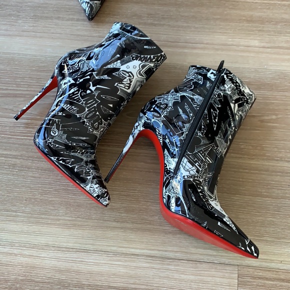 Louboutin limited edition artistic signature black/white print ankle hi boots - Picture 12 of 17
